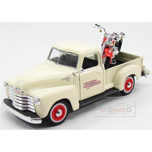 1:24 MAISTO Chevrolet 3100 Pick-Up 1950 + Motorcycle Harley Davidson Flsts Heritage Springer 2001 Ivory MI32194