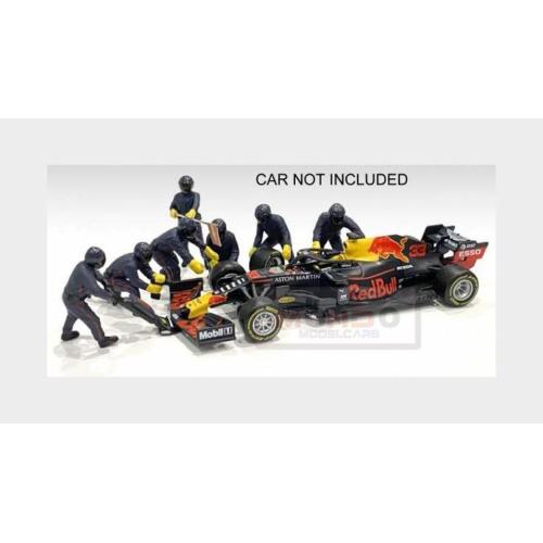1:43 AMERICAN DIORAMA Figures F1 Set 1 2020 Diorama Pit-Stop Set 7 X Meccanici Mechanics With Decals Matt Blue Red AMDI38384