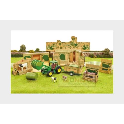 Accessories Diorama Farm Building With Tractor John Deere And Trailer Green Yellow LC43257