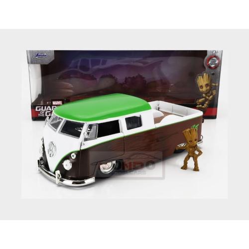 1:24 JADA Volkswagen T1 Double Cabine Pick-Up 1963 With Groot Figure Guardians Of The Galaxy Brown White Green 253225013-31202