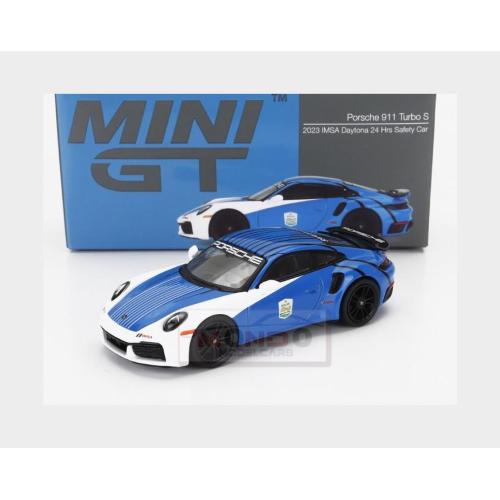 1:64 MINI-GT Porsche 911 992 Turbo S Coupe Lhd Safety Car 24H Daytona 2023 Blue White MGT00735-L