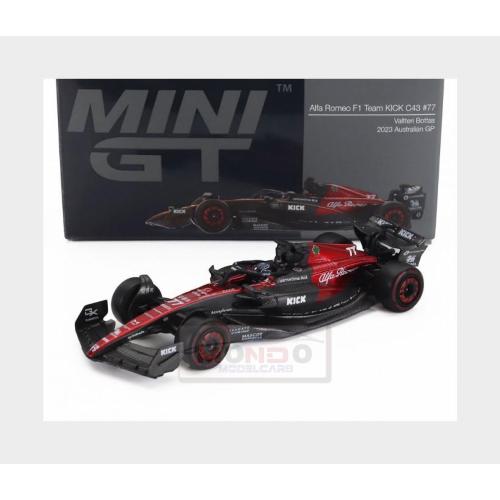 1:64 MINI-GT Alfa Romeo F1 C43 Team Stake #77 Australian Gp 2023 Valtteri Bottas Black Red MGT00729-L