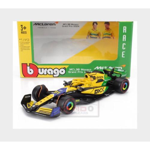1:43 BURAGO Mclaren F1 Mcl38 Team Mclaren #81 2Nd Monaco Gp (Senna 30Th Anniversary) 2024 Oscar Piastri Yellow Green Black BU38214-P-SENNA