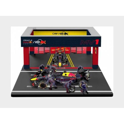 1:43 BURAGO Red Bull F1 Rb19 Diorama Garage Pit-Stop Team Oracle Red Bull Racing #1 World Champion Season 2023 Max Verstappen With Crew Figure And Accessories Blue Yellow Red BU38453-V