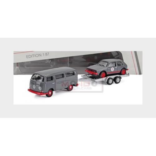 1:87 SCHUCO Volkswagen T2 Minibus 1962 With Trailer + Golf Gti Mki #1 Racing 1976 Grey Red 87U00067