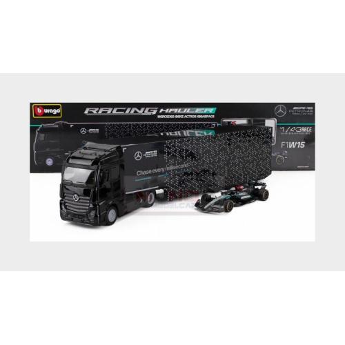 1:43 BURAGO Mercedes Benz Actros 2 Gigaspace Truck Car Transporter With F1 Mercedes Gp W15 Team Mercedes-Amg Petronas Formula One #63 Season 2024 George Russell Black BU38402