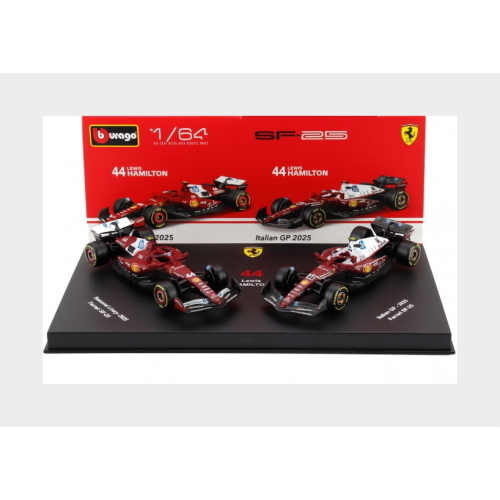 1:64 BURAGO Ferrari Set F1 2X Sf-25 Team Scuderia Ferrari Hp #44 Season 2025 Lewis Hamilton + Monza Italy Gp 2025 Con Vetrina With Showcase Red White BU56807-44